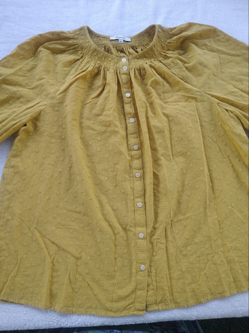 Madewell Mustard Yellow Smocked Yoke Button-Down Blouse